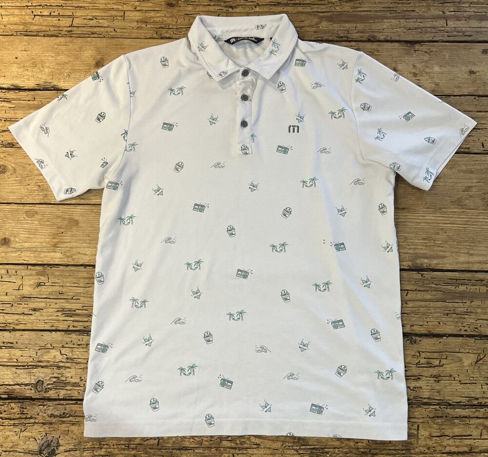 Travis Matthew Mens Size M White Beach Theme Print Short Sleeve Polo Shirt